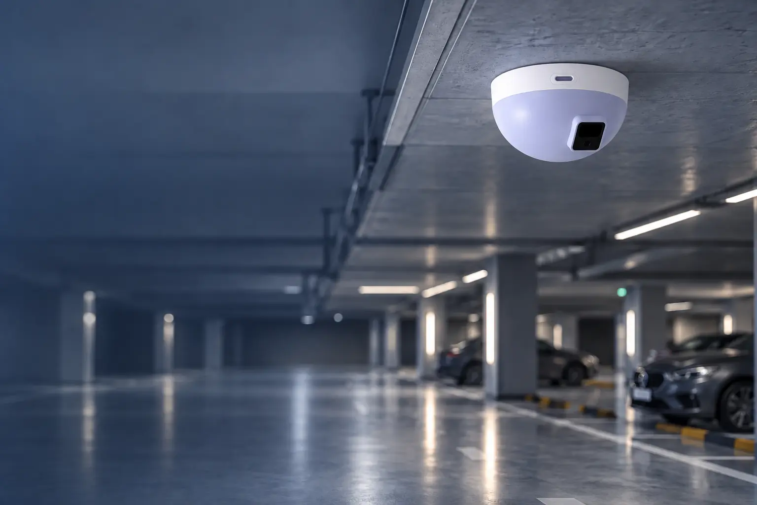 Parking detector ceiling-mounted with its sensor facing the parking spaces
